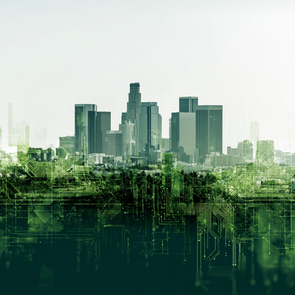 Los Angeles skyline with green tech elements, highlighting sustainable business practices in "Sustainable Software: How".