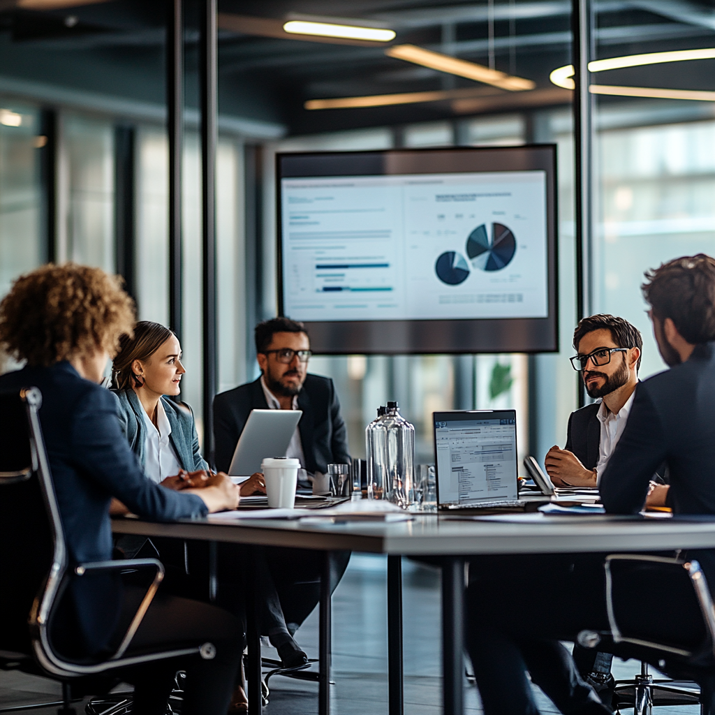 Business meeting discussing software strategy with a focus on From Patch Tuesday, featuring engaged professionals and charts.