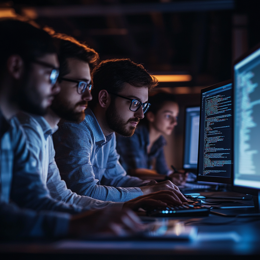 Cybersecurity team developing custom software solution, focusing on Unmasking Cyber Threats: innovative protection strateg...