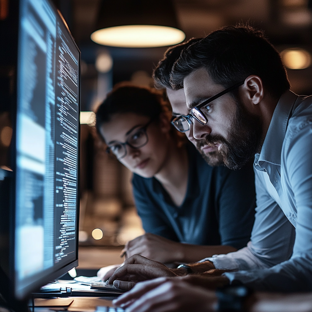 Cybersecurity experts collaborate on secure software integration for Fortify Your Fortune: project in modern office.