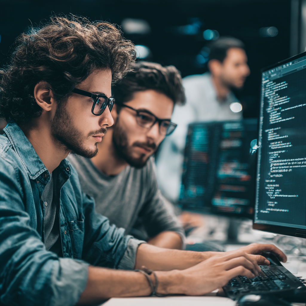 Developers collaborating on custom software project, emphasizing Securing Digital Frontier - Securing Digital Frontiers: