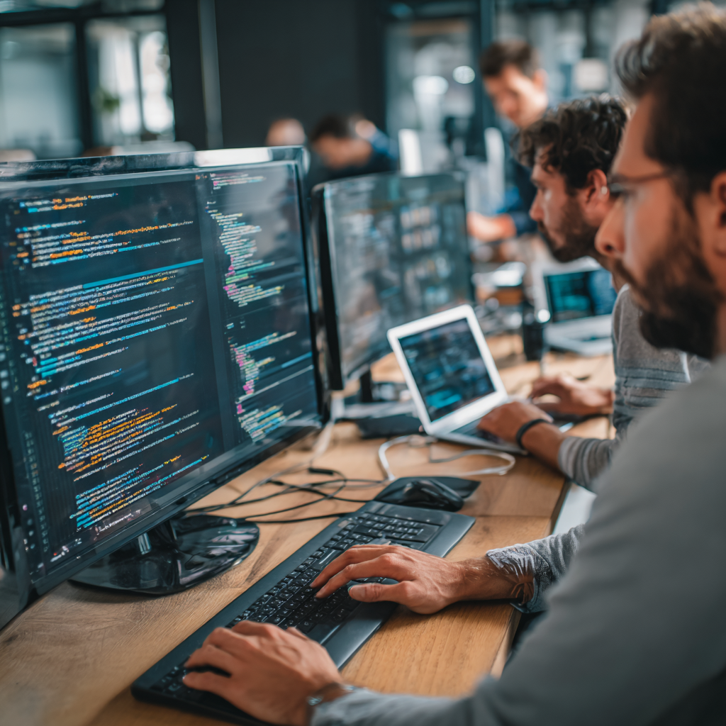 Developers in a modern office conducting a secure code review, focusing on Blueprint for Cyber strategies and solutions.