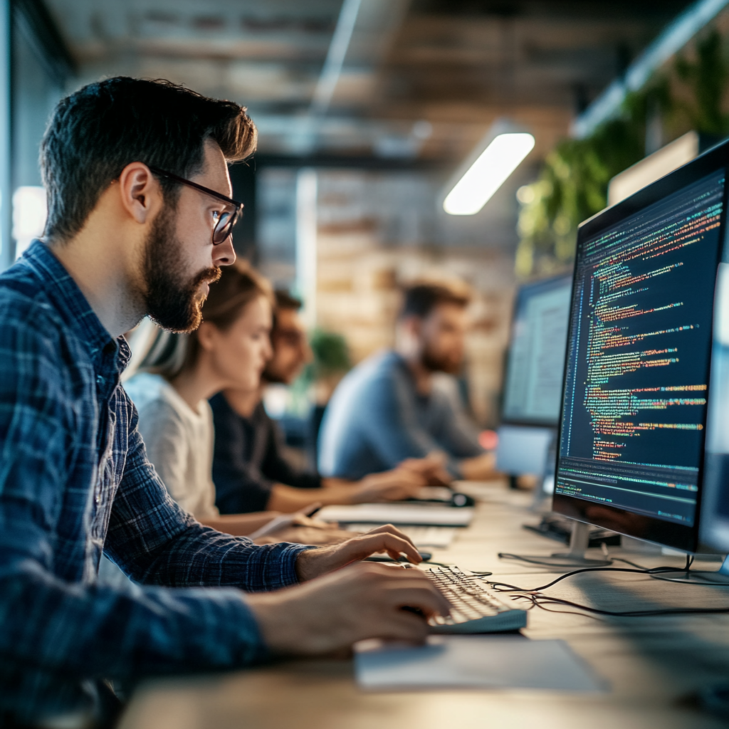Developers collaborating on AI software in a modern office, emphasizing the concept of Scaling Beyond Compute: innovation.