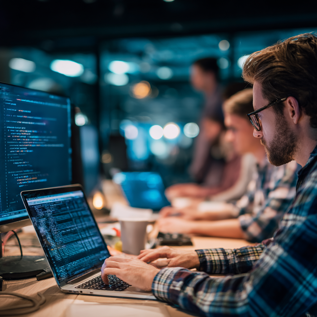 Developers collaborating on custom software solutions for Future-Proofing Your Enterprise: ensuring adaptability and innov...