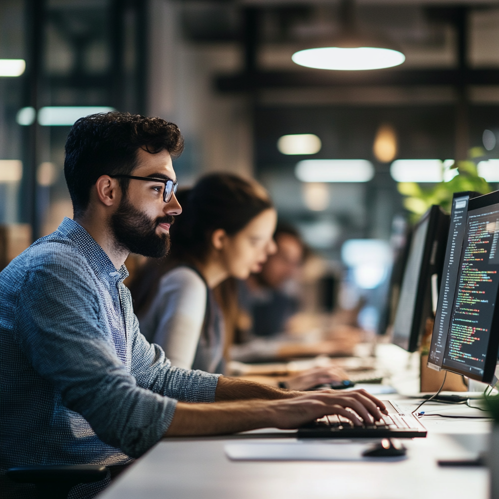 Developers collaborating on custom software solutions in a modern office, focusing on Navigating the Autonomous technology.