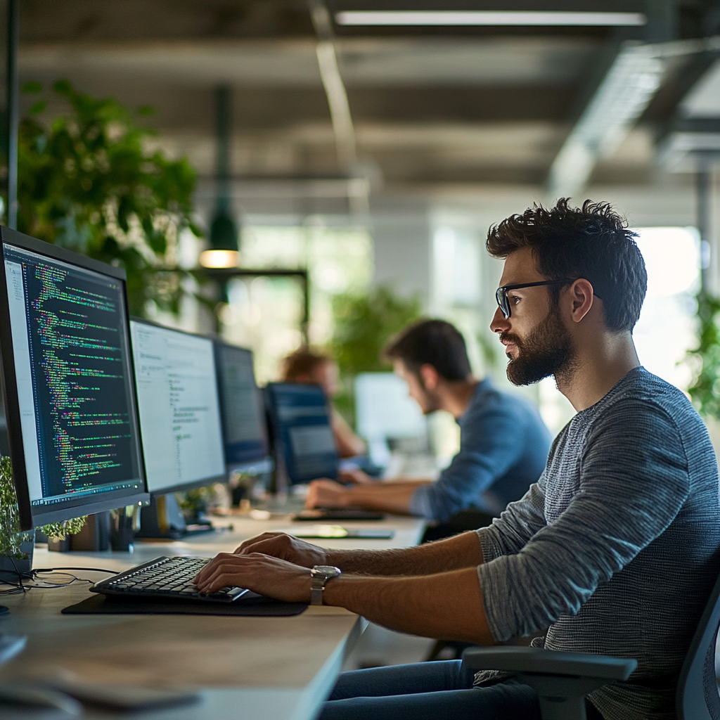 Developers collaborating on custom software solutions in a modern office, focusing on Securing Your Enterprise.