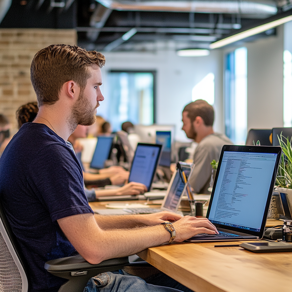 Developers collaborating on custom software solutions in an office, focusing on Securing Your Bottom with innovative strat...