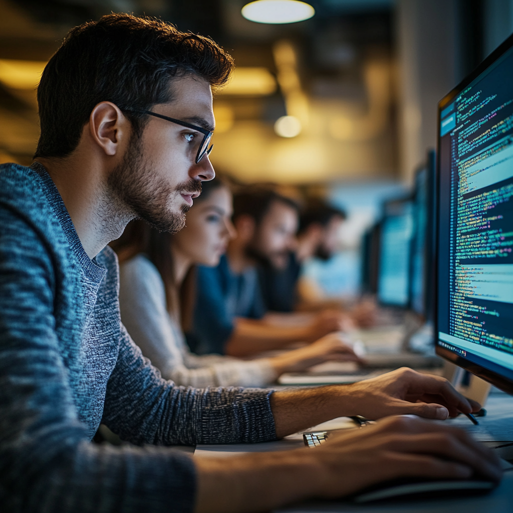 Developers collaborating on custom software solutions, embodying the concept "From Code to" innovation and execution.