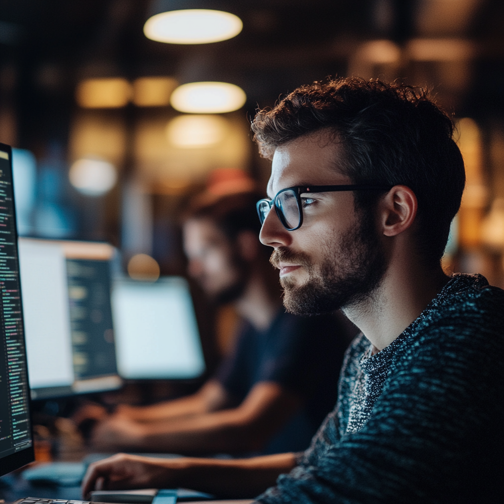 Developers collaborating on software updates with a focus on From Patch Tuesday improvements and security enhancements.