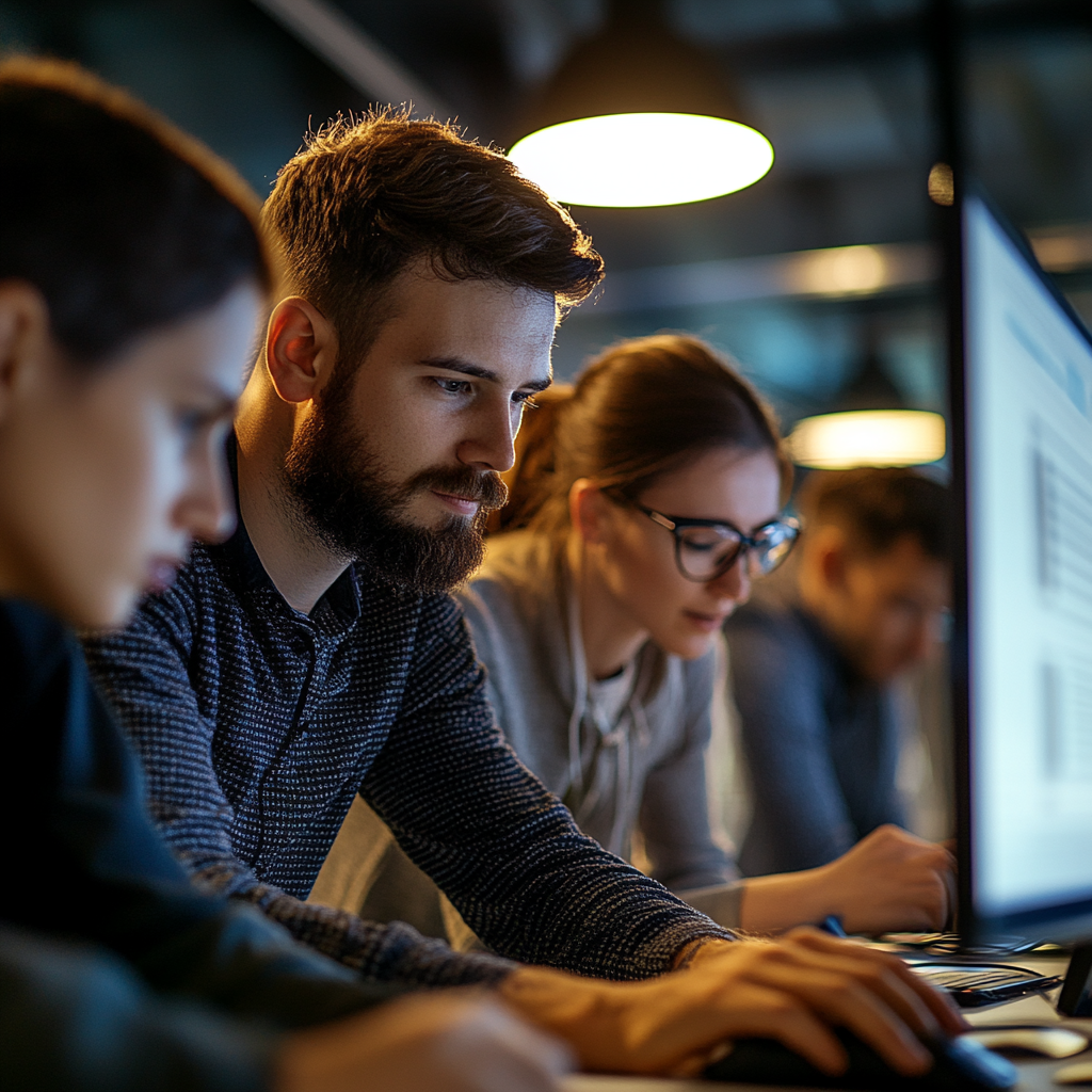 Modernizing Legacy Systems: IT team collaborates on system upgrade in a sleek, modern office environment.