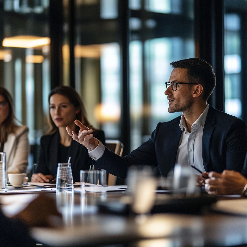 C-level leaders in a boardroom discussing Ethical AI Innovations, focusing on AI ethics an - Ethical AI Innovations: