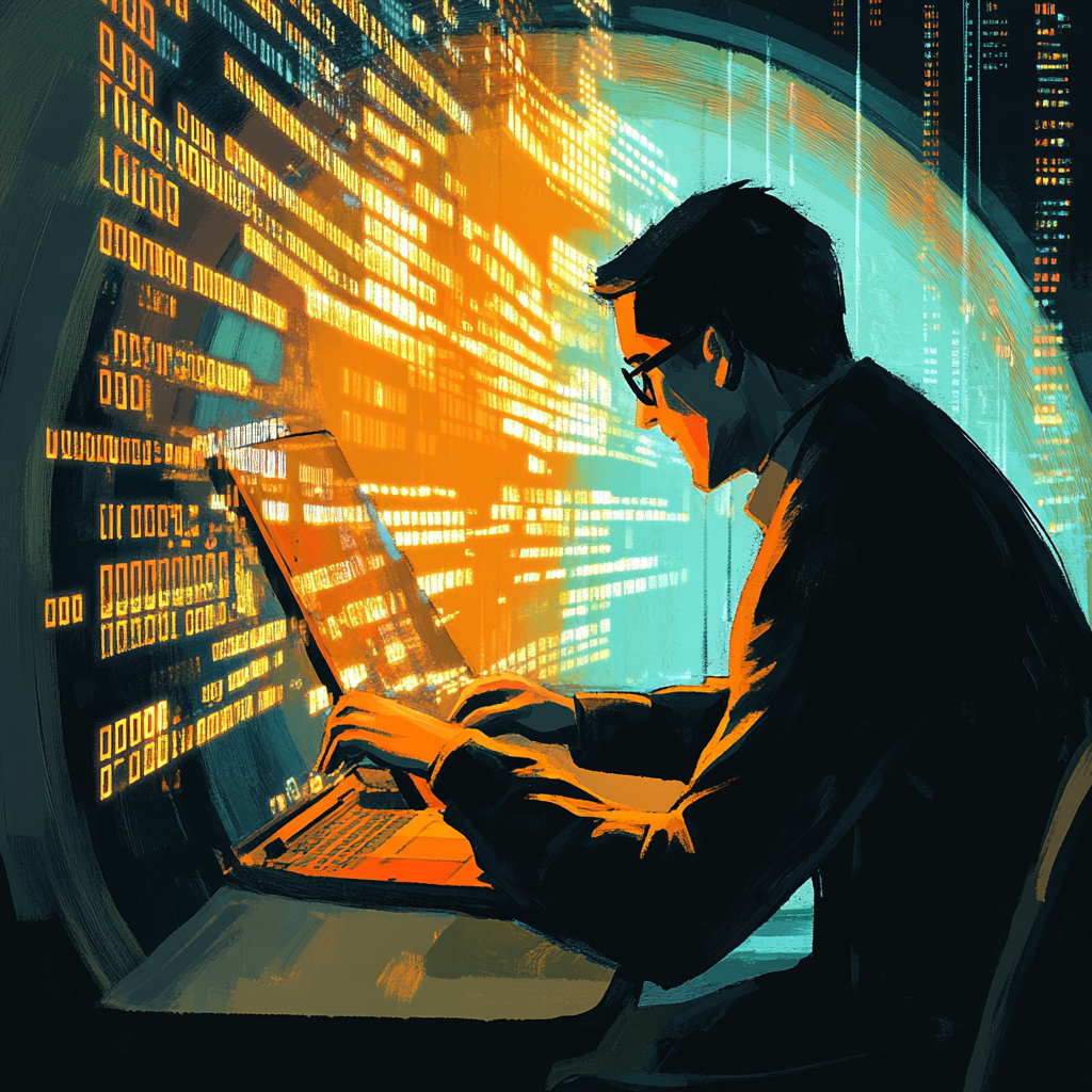 Hacker accessing sensitive business data with "From Infostealer Ring" on screen, highlighting cybersecurity breach.