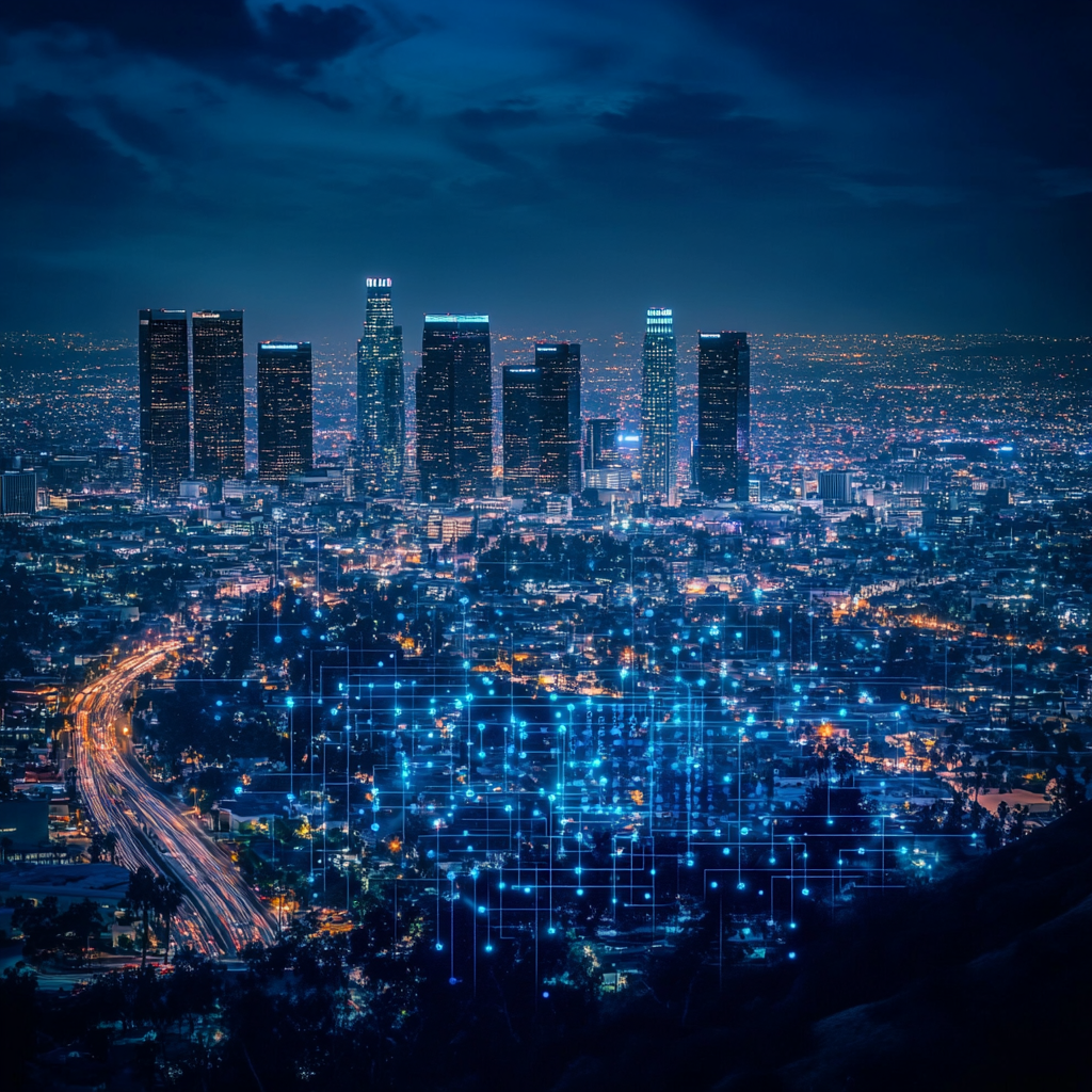 Los Angeles skyline with AI technology overlay, highlighting Beyond Compute Limits: futuristic urban innovation.
